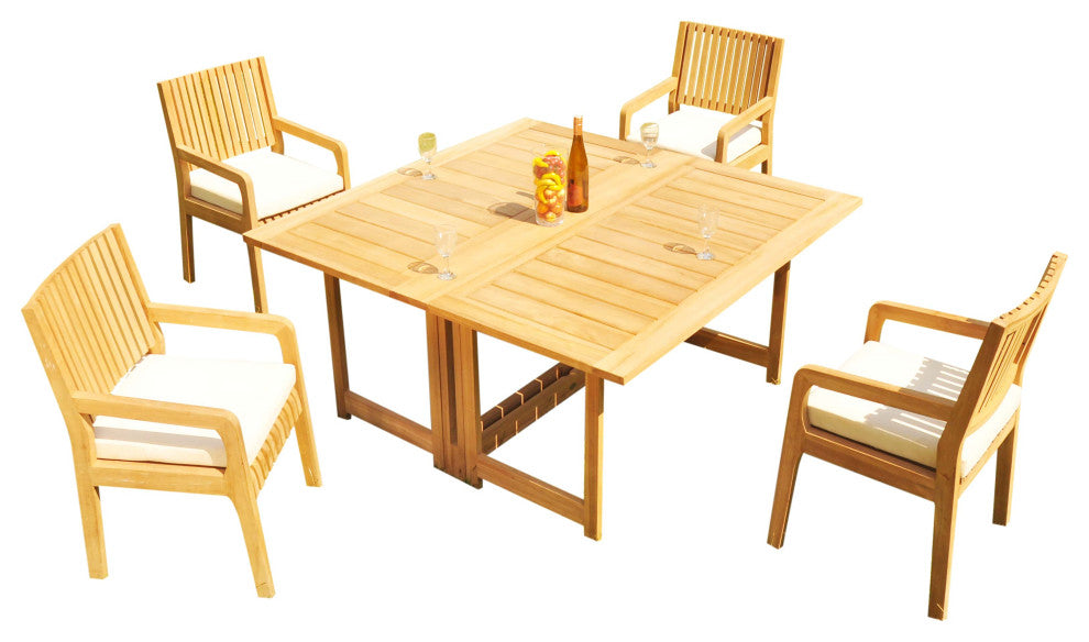 5-Piece Outdoor Teak Dining Set: 60" Square Butterfly Table, 4 Maldive Arm Chair