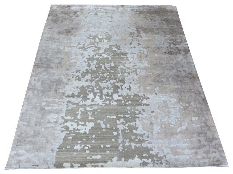 Hand Knotted Brown and Gray Modern Tibetan Oriental Rug With Silk, 8x10