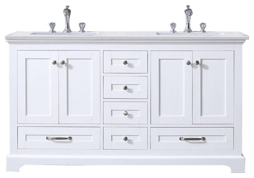 Dukes 60" White Double Square Sink Vanity with Quartz Top, No Mirror