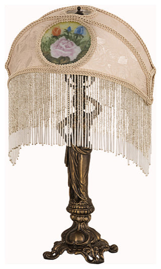 20H Reverse Painted Roses Fabric with Fringe Table Lamp