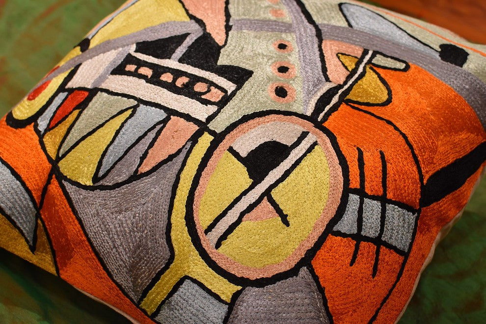 Kandinsky Symphony III Orange Pillow Cover Handembroidered Art Silk 18x18"
