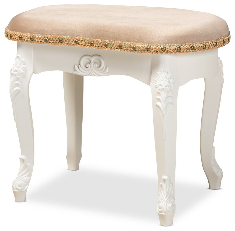 Wiktoria Country Provincial Sand Velvet Upholstered White-Wood Vanity Ottoman