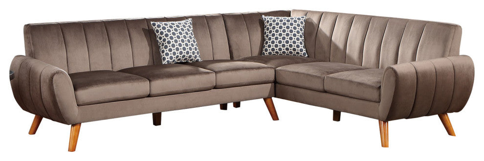Benzara BM286362 L Shaped Sectional Sofa, Vertical Tufting, Velvet, Taupe Brown