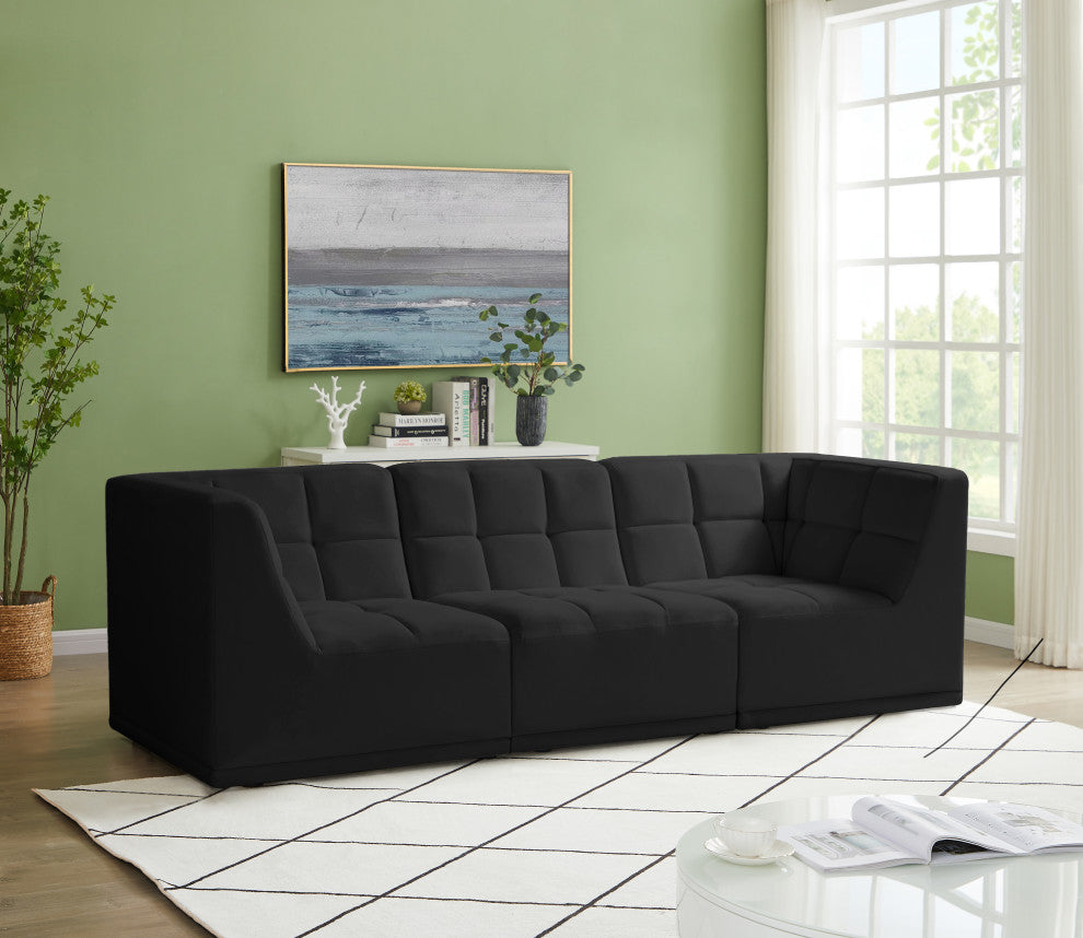Relax Velvet Upholstered 3-Piece Modular Sofa, Black