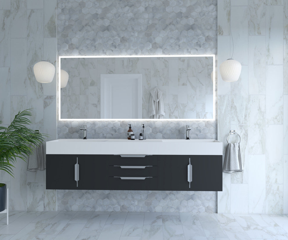 CastelloUSA Amazon 72" Wall Mounted Vanity Set, Black, White Top, Chrome Handles