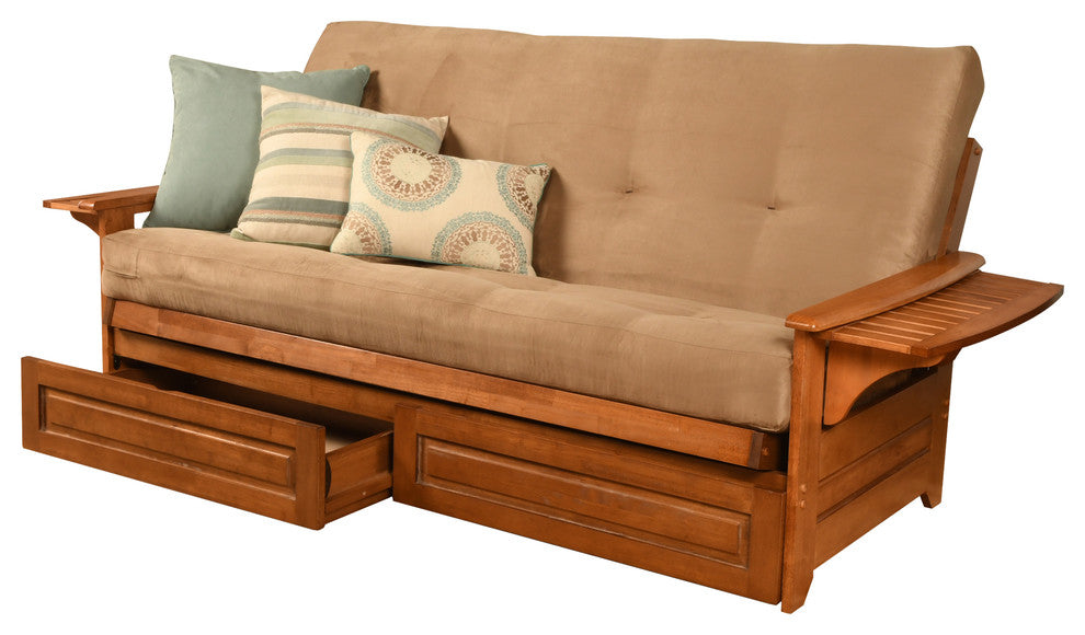 Mesa Frame Futon With Barbados Finish, Storage Drawers, Suede Peat