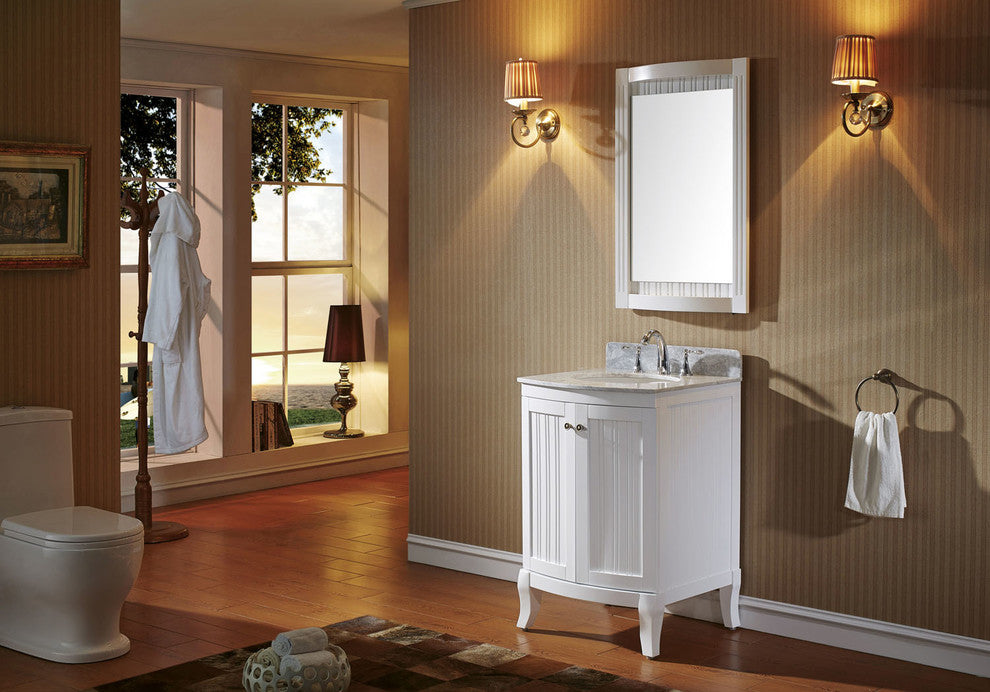 Virtu Khaleesi 24" Single Bathroom Vanity, White With Marble Top, With Mirror