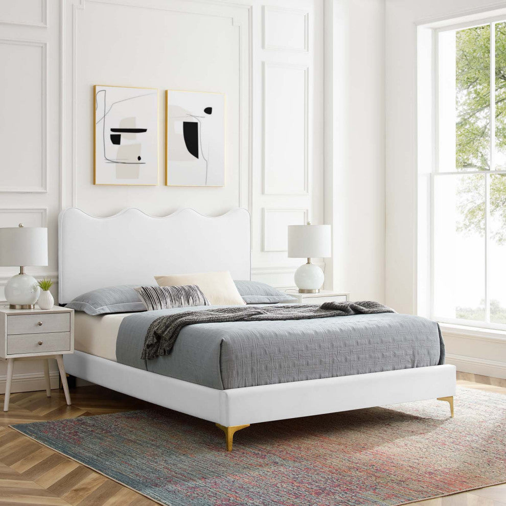 Platform Bed Frame, Queen Size, White, Velvet, Modern, Bedroom Guest Suite