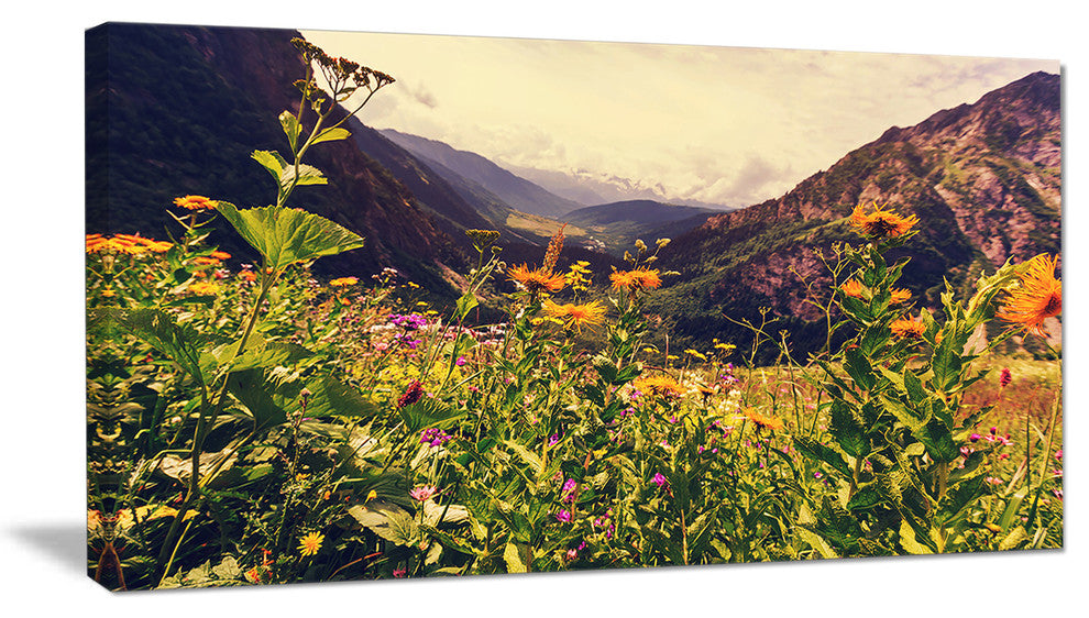 Green Mountain Meadow with Flowers, Large Flower Canvas Wall Art, 32"x16"