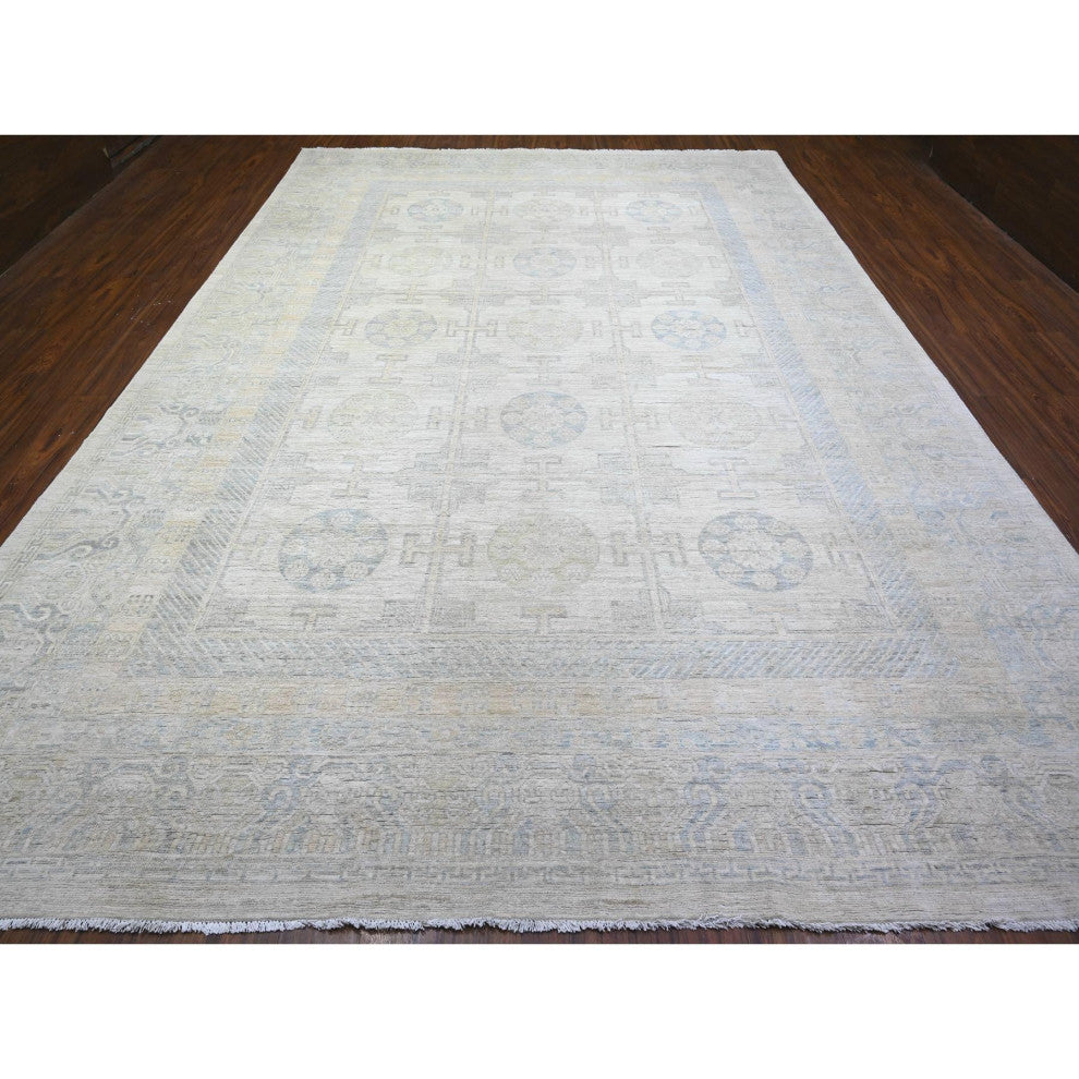 Silver Chalice White Wash Peshawar Mahal Design Wool Hand Knotted Rug 10'x14'4"