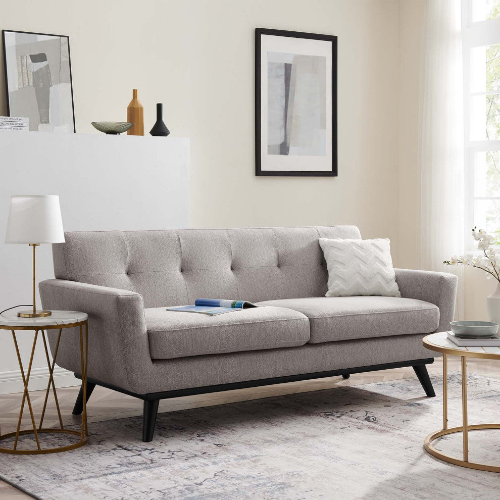 Loveseat Sofa, Gray, Fabric, Modern, Mid Century Hotel Lounge Cafe Lobby
