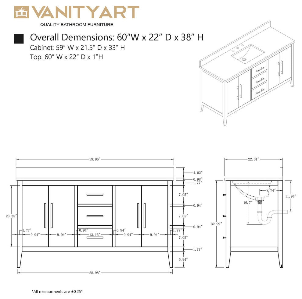 Vanity Art Bathroom Vanity With Sink, Driftwood Gray, 60", Single Sink, Golden Brushed