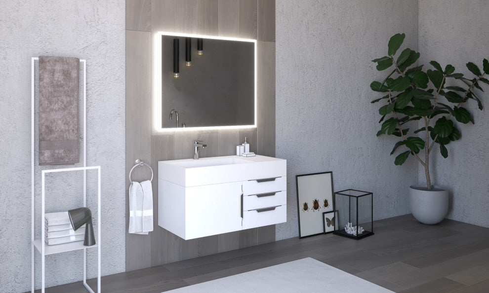 CastelloUSA Amazon 36" Wall Mount Vanity Set, White, White Top, Chrome Handles