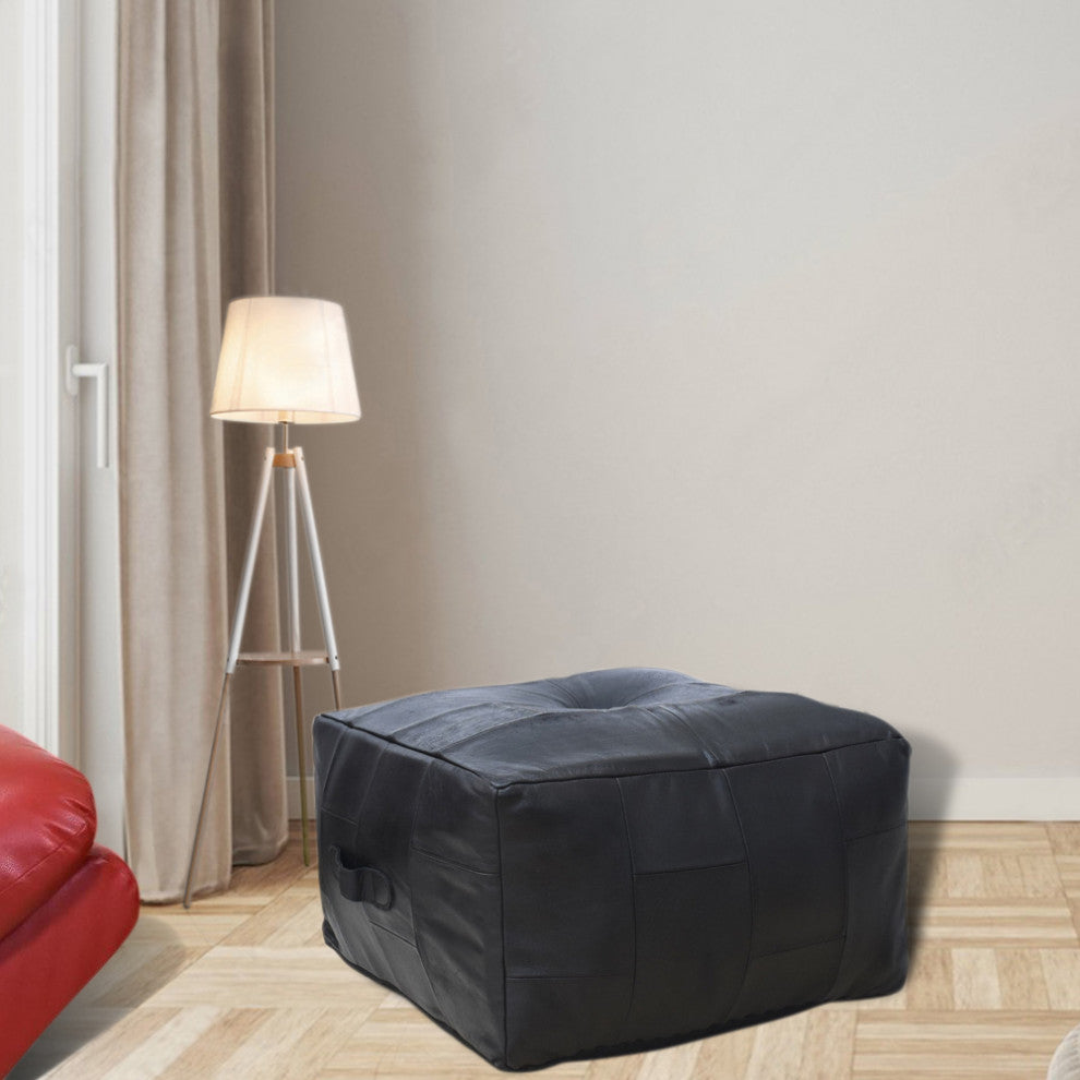 Geometric Handmade Leather Pouf (Recycled Foam with Fibre Fill) Black, (Square)21x21x12