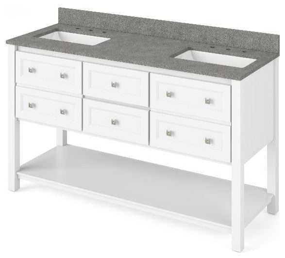 Adler Transitional 60" White Double Sink Vanity, Steel Grey Cultured Marble Vani