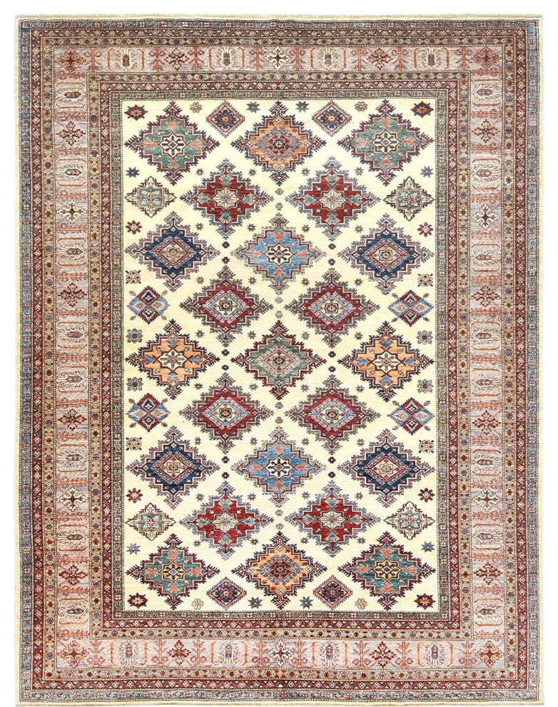 Ivory, Afghan Super Kazak Natural Wool Hand Knotted Oriental Rug, 9'3"x12'0"