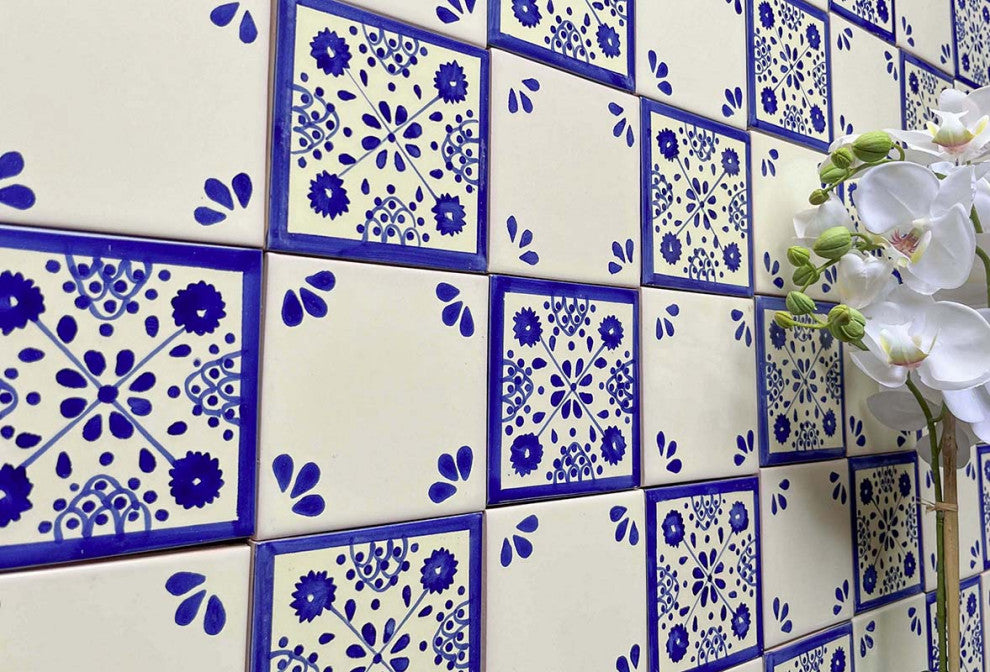 4.25"x4.25" Talavera Mexican Handmade Ceramic Tile, Blue Ville, Set of 9