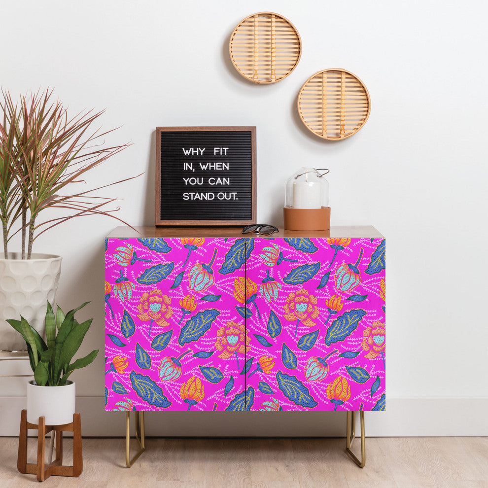 Deny Designs Summer Batik Fuchsia Credenza, Walnut, Gold Steel Legs