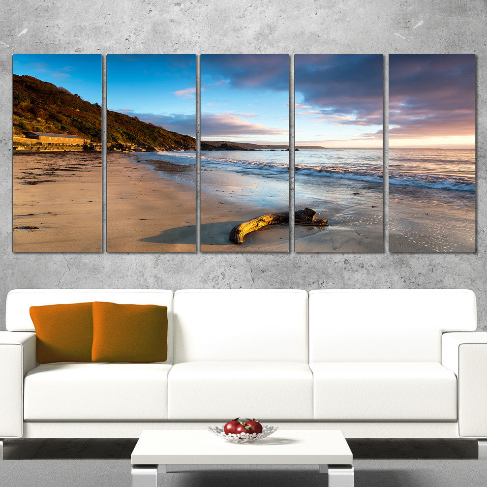 "Looe Cornwall Beach At Sunrise" Modern Beach Wall Art, 5 Panels, 60"x28"