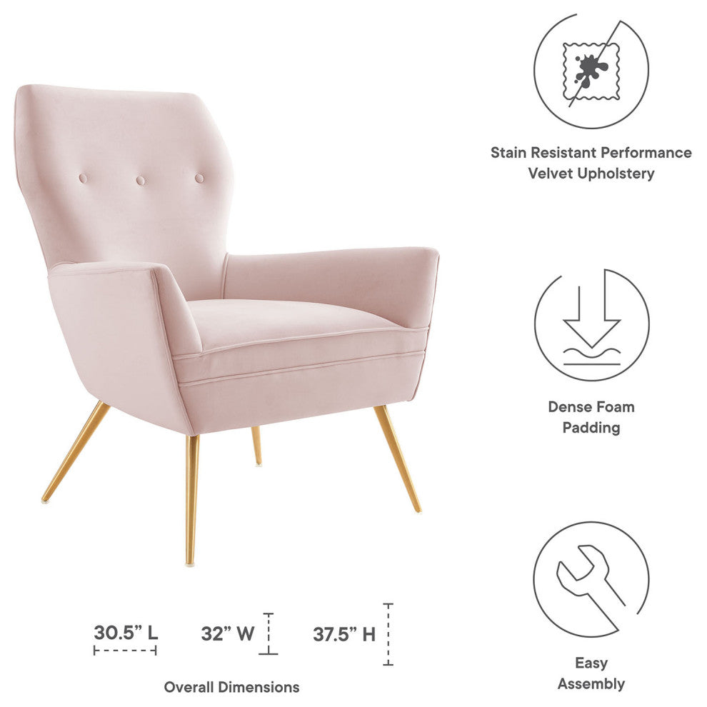 Armchair Accent Tufted Chair, Pink, Velvet, Modern, Mid Century Hotel Lounge