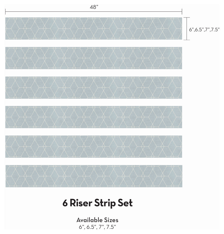 Hexagon Geometric Art Deco Lines Peel and Stick Stair Riser Strips, Light Blue, 48"w X 6"h, 6 Pack