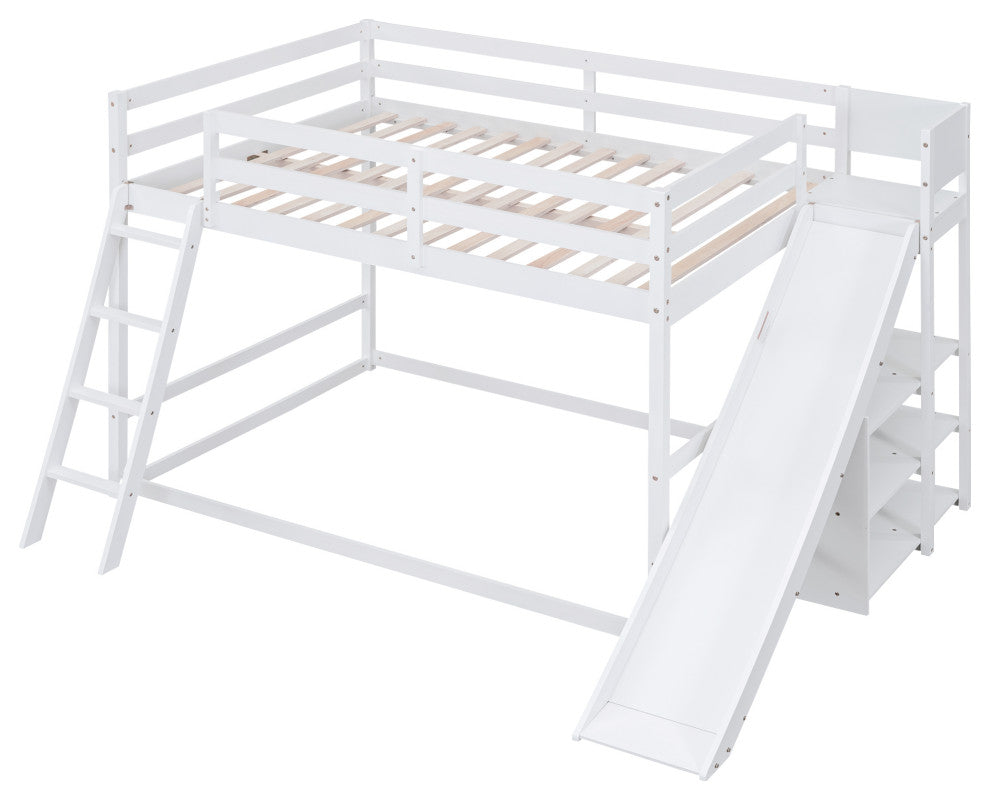 Gewnee Wood Full Over Full Bunk Bed with Ladder, Slide and Shelves in White