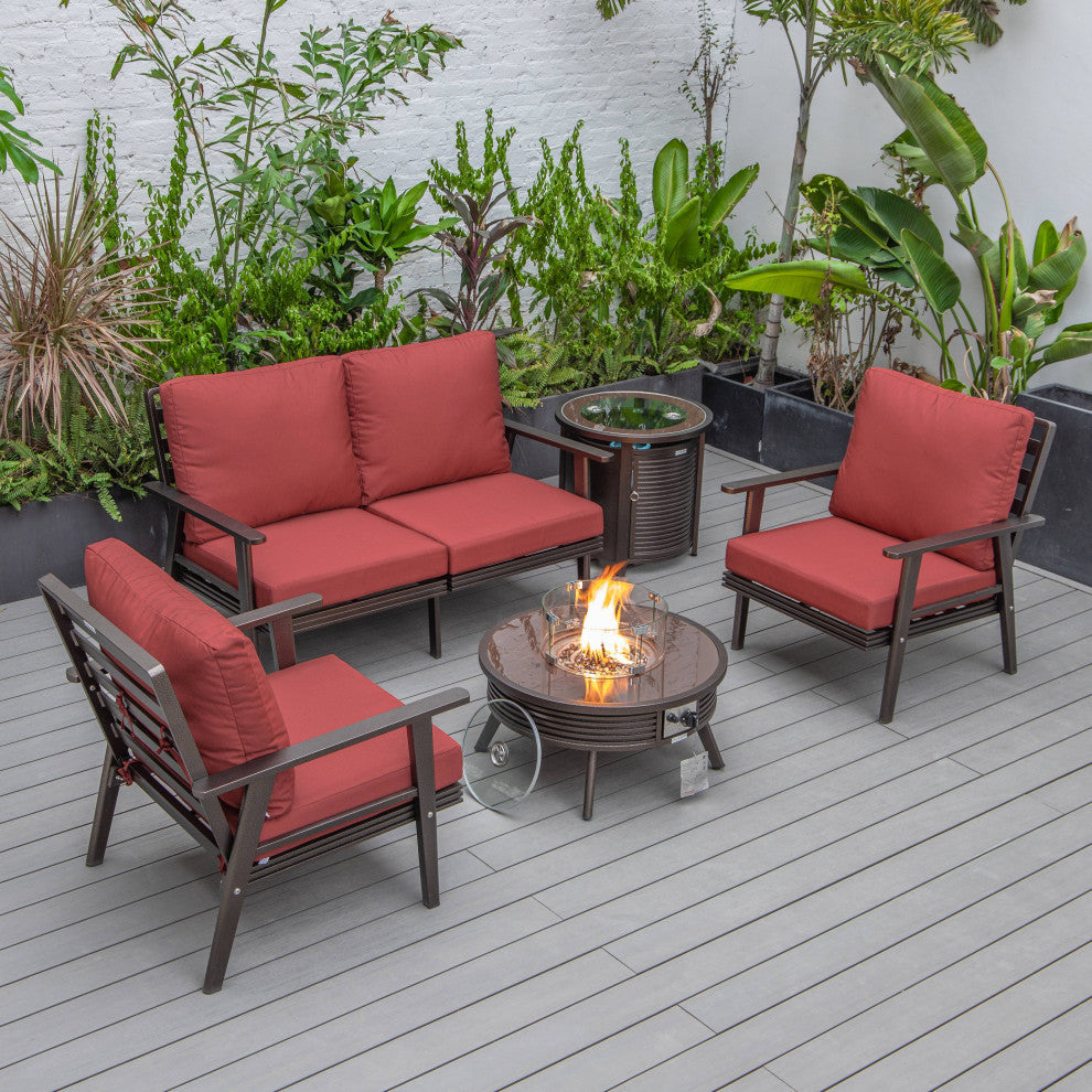 LeisureMod Walbrooke Patio Conversation Set With Fire Pit Table, Red