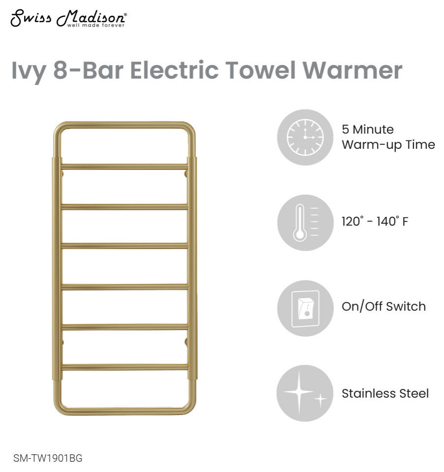 Ivy 8-Bar Electric Towel Warmer, Brushed Gold