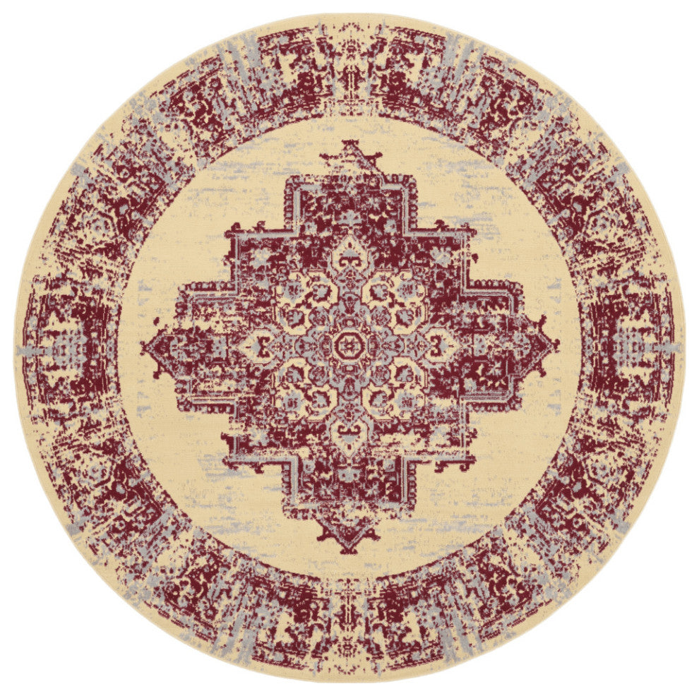 8' Cream Round Damask Power Loom Area Rug