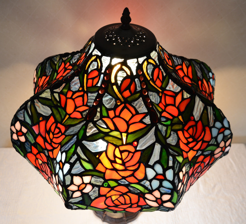 18"W Rose Flower Jeweled Stained Glass Handcrafted Table Desk Lamp, Zinc Base