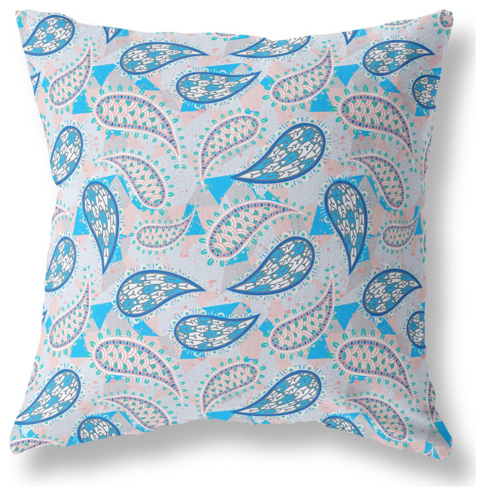 26" Blue Peach Boho Paisley Indoor Outdoor Throw Pillow