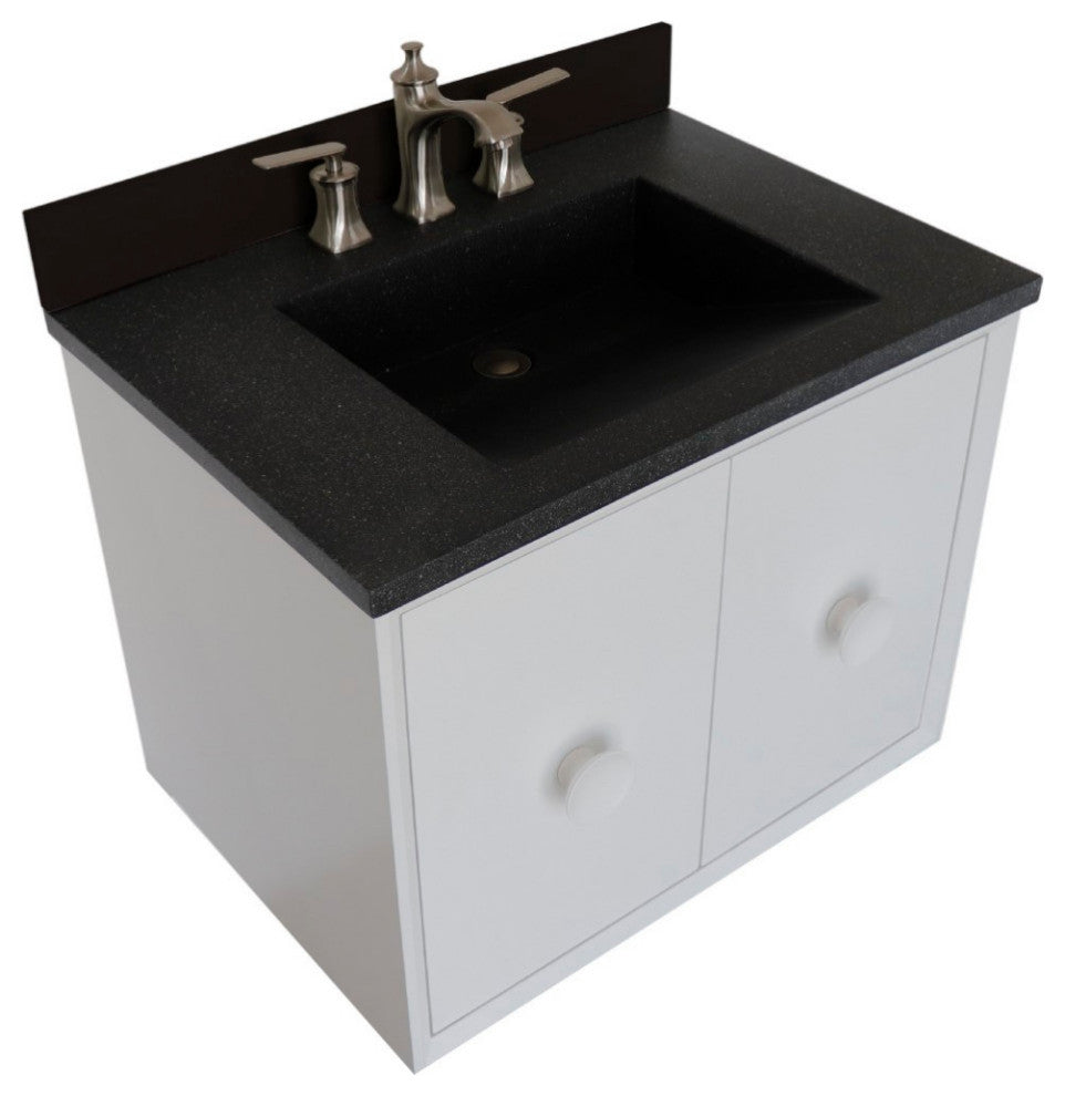 31" Single Vanity, White Finish With Black Concrete Top And Rectangle Sink