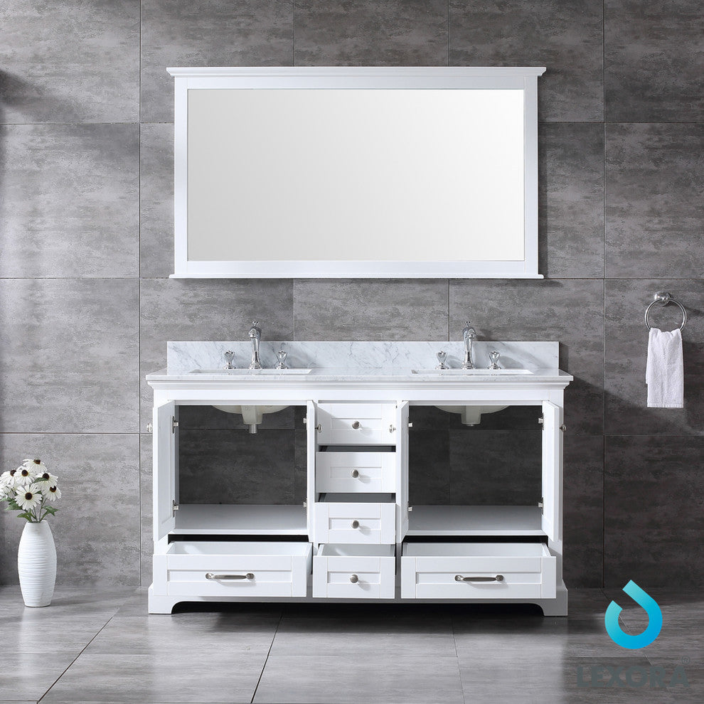 Dukes 60" Double Vanity Cabinet Carrara Marble Top Sinks, 58" Wall Mirror