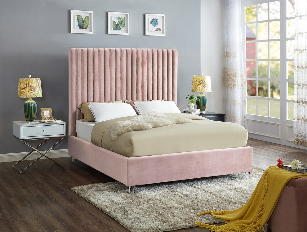 Candace Velvet Upholstered Bed, Pink, Queen