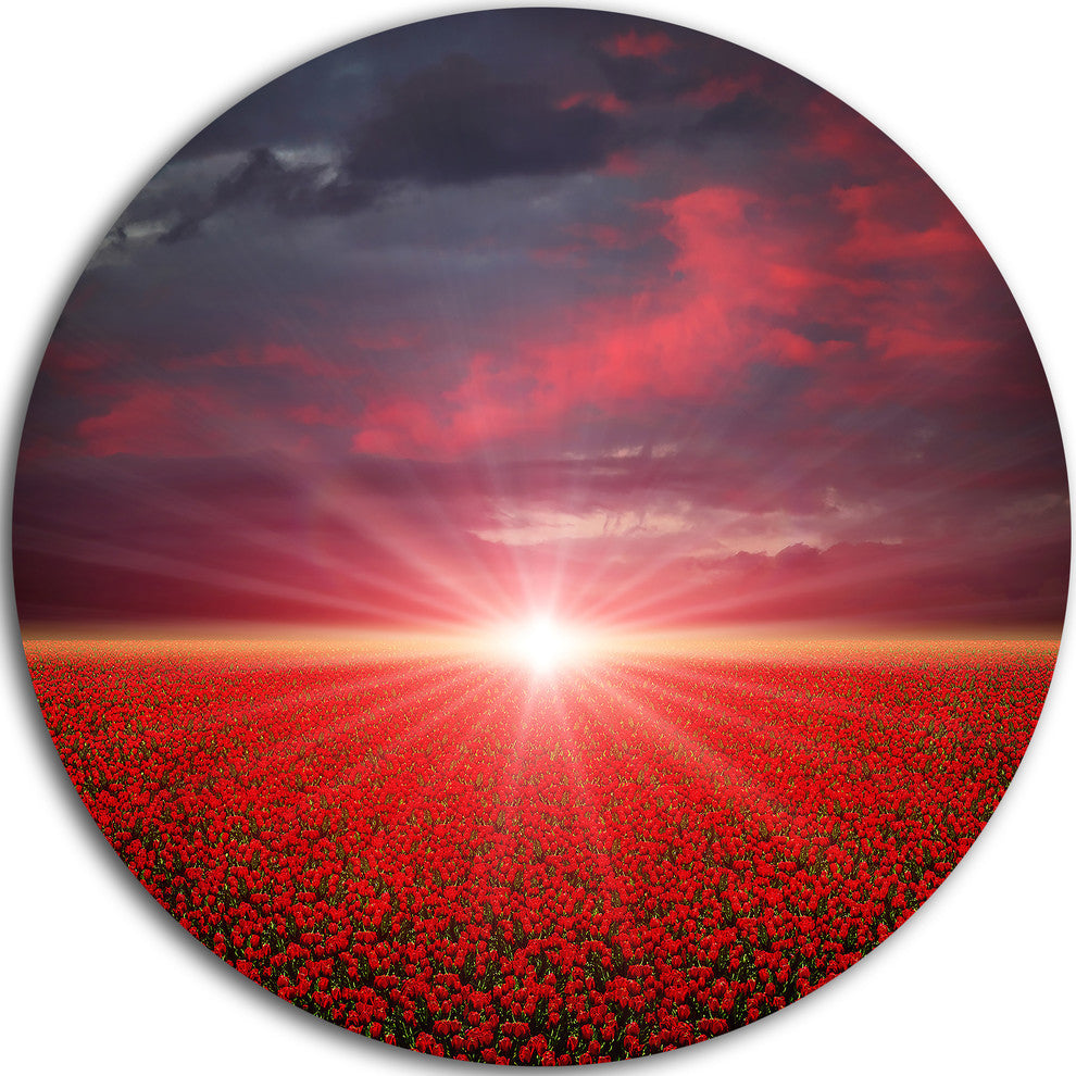 Red Poppies Field At Sunset, Modern Landscape Disc Metal Wall Art, 11"