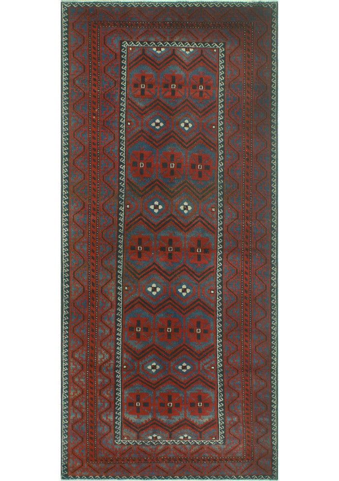 Vintage Distressed Abby Blue/Burgundy Runner, 4'1x9'1