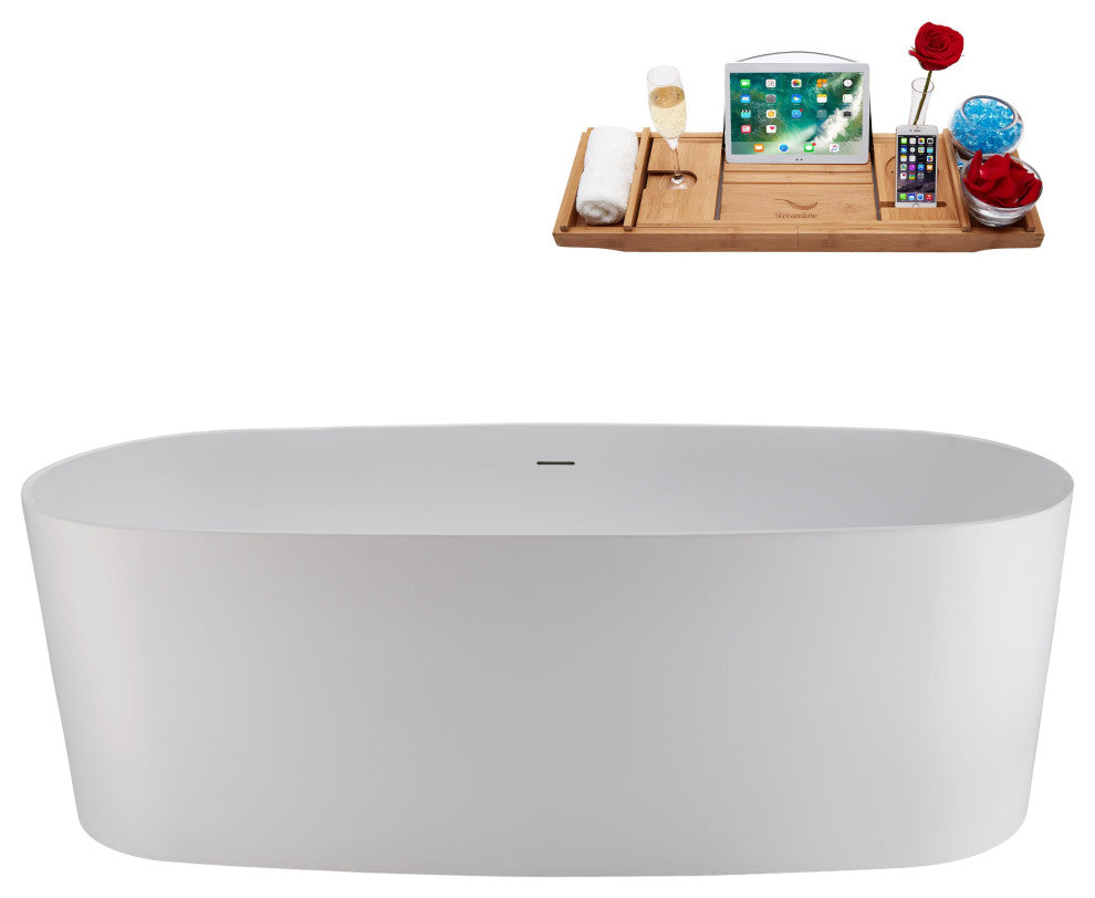 67" Streamline NS5800CH Matte White Stone Resin Bathtub, Tray With Chrome Drain