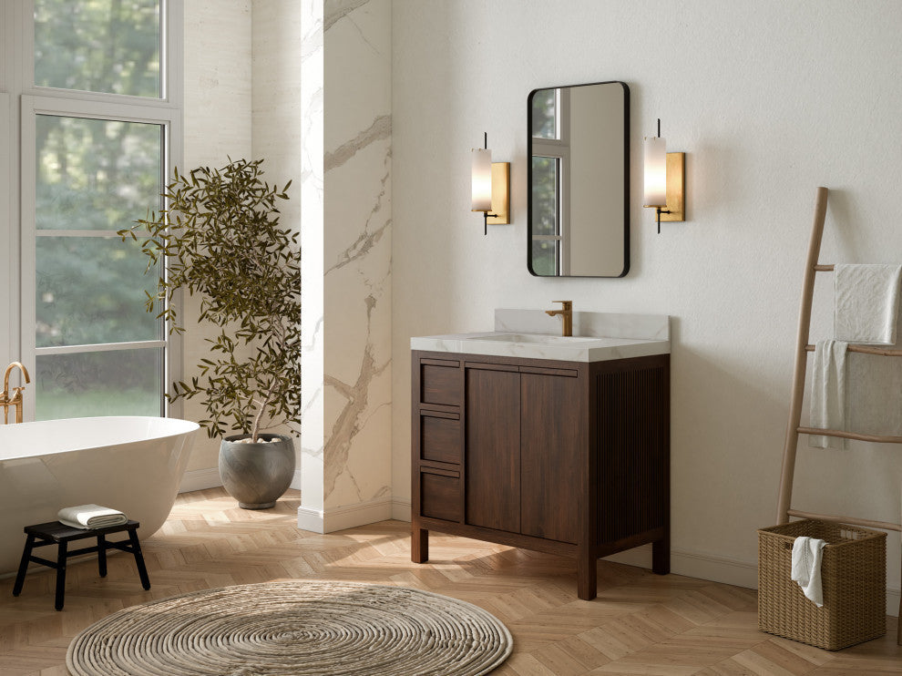 Elizabeth 36 Center Sink Bath Vanity in Dark Walnut Teak 2" Calacatta Nuvo
