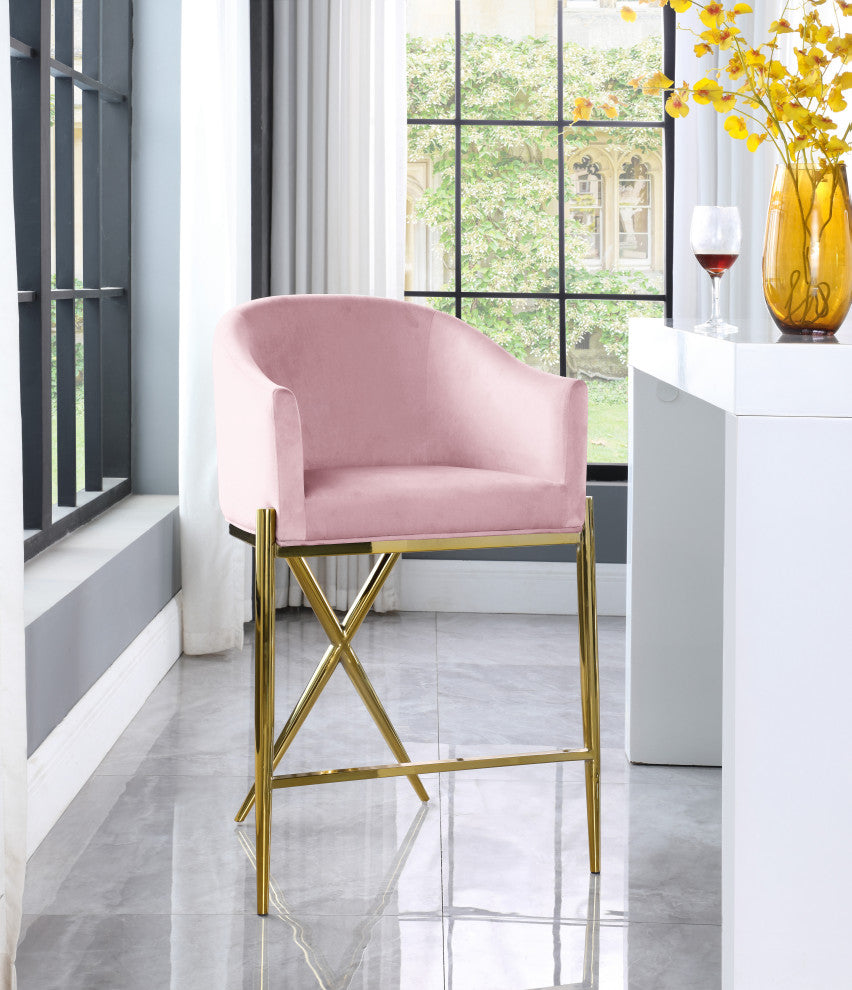 Xavier Velvet Upholstered Counter Height Stool, Pink, Gold Finish