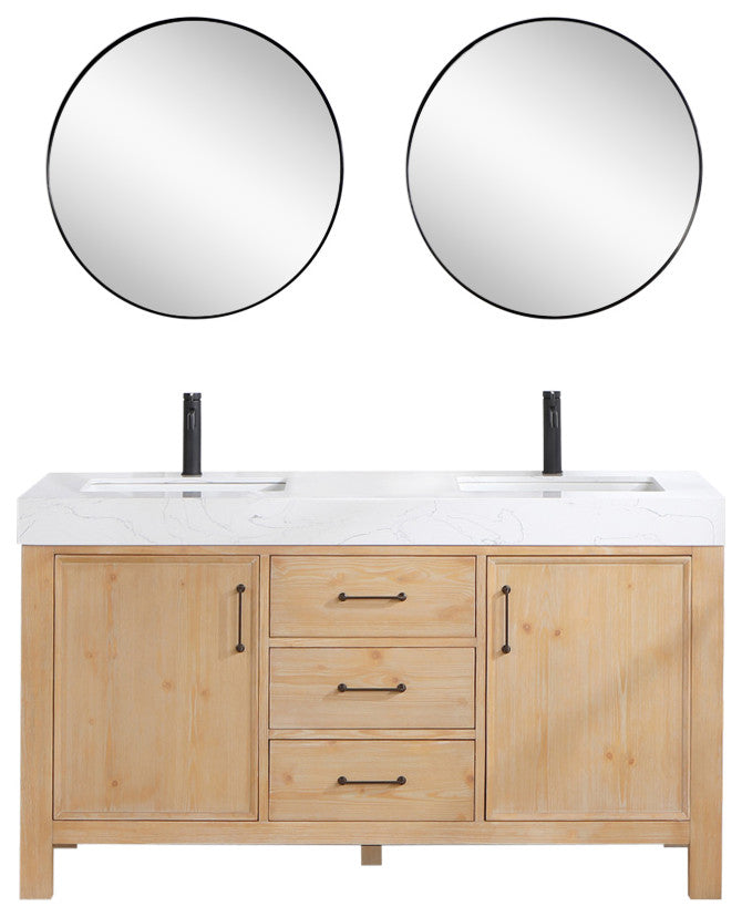 Leon Bath Vanity With Composite Stone Top, Fir Wood Brown, 60" Double Sink, With Mirror