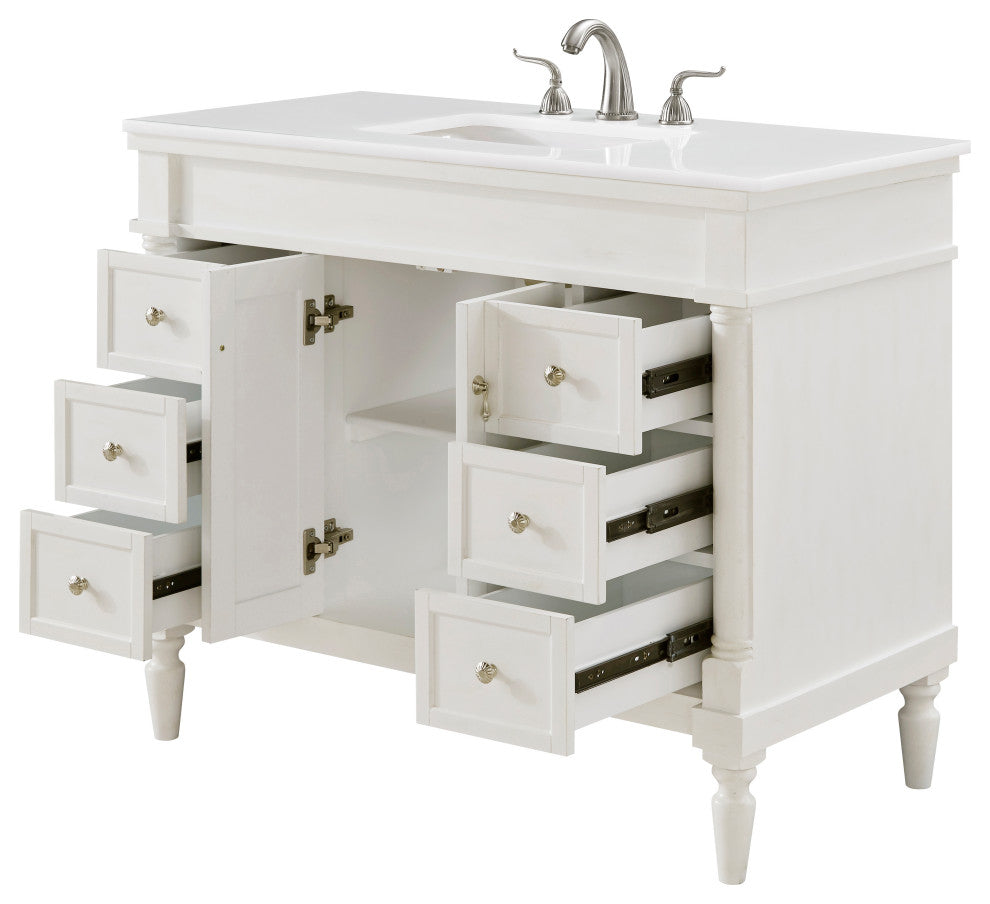 42" Single Bathroom Vanity, Antique White With Ivory White Engineered Marble