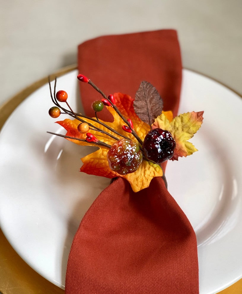 Set of 6 Fall Napkin Rings, Pumpkin and Leaves