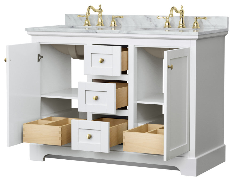 48" Double Bath Vanity, White, White Carrara Countertop, Sinks, Gold Trim