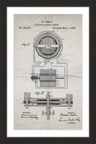 "Tesla Motor 1888 Old Paper" Framed Painting Print