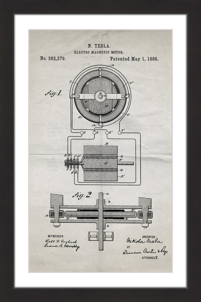 "Tesla Motor 1888 Old Paper" Framed Painting Print