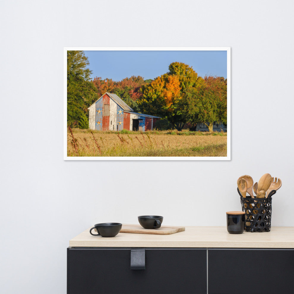Patriotic Barn in Field Rural Landscape Framed Photo Paper Wall Art Prints, White, 24" X 36"