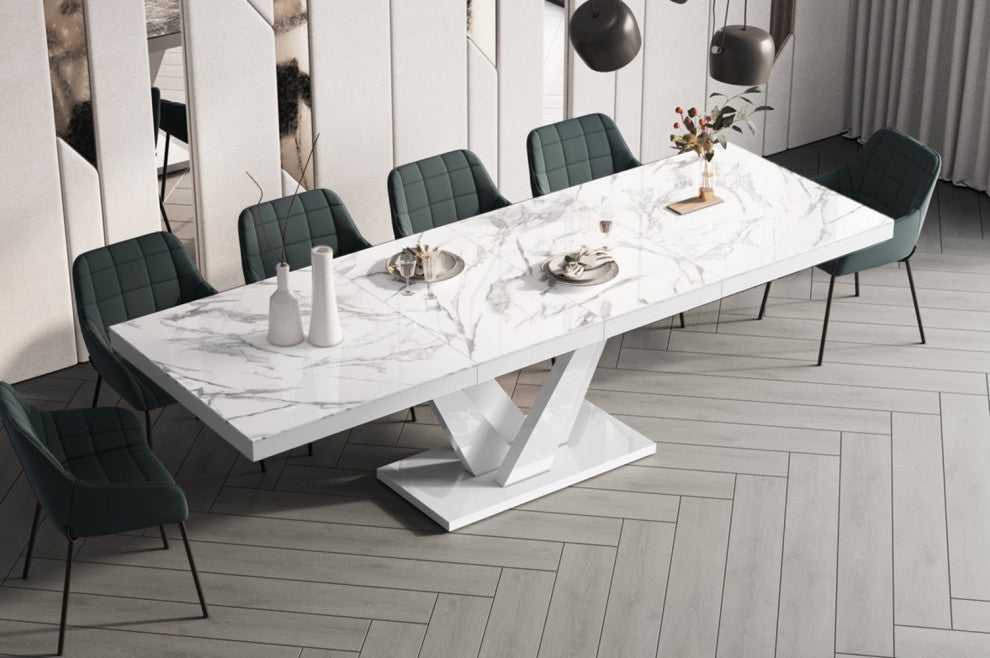 Chariton Extendable Dining Table, White Marble/White
