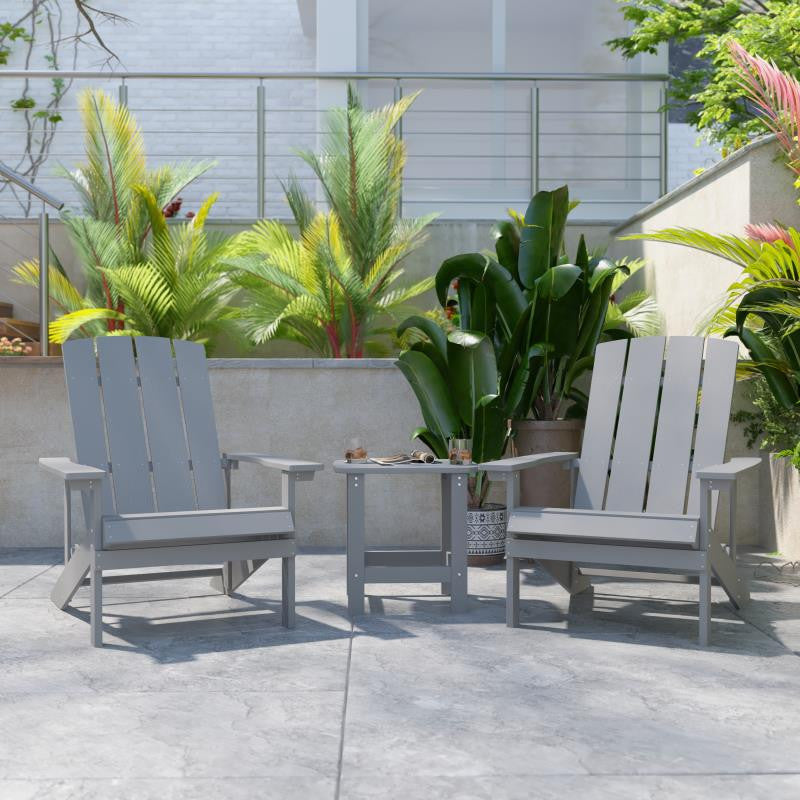 All-Weather Poly Resin Wood Adirondack Chairs With Side Table, Set of 2, Gray