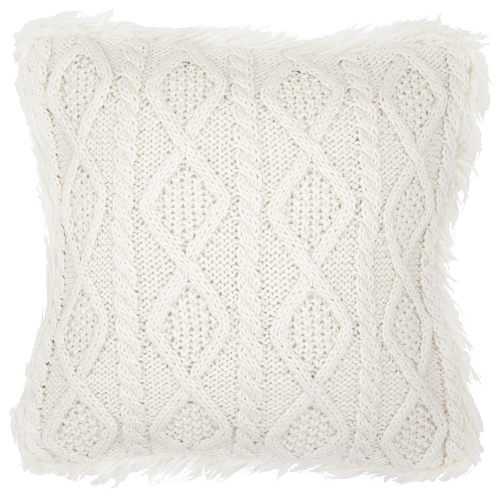 Cable Knit Mongolian Fur Throw Pillow, 18"x18", 1 Piece, White