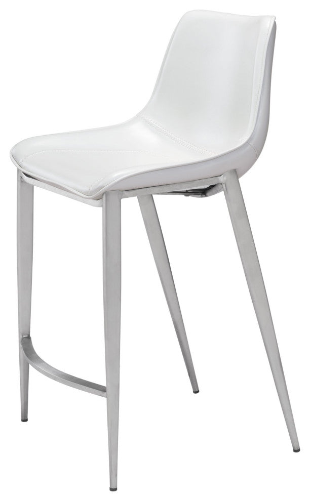 Counter Stool Chair, Set of 2, Faux Vinyl Leather, Steel, White, Silver, Cafe